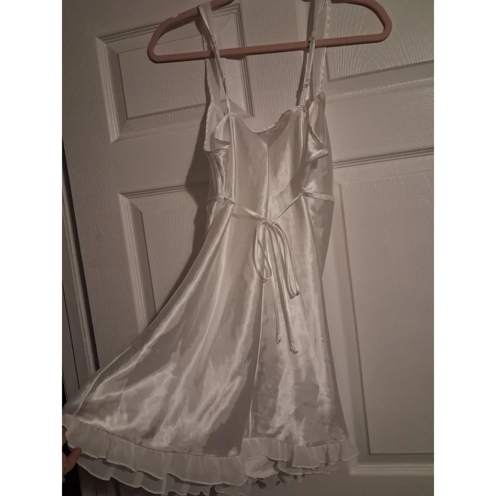 Ivory Satin Babydoll Cami Beaded Floral Lace Pearl Applique Coquette Fairy Y2K S